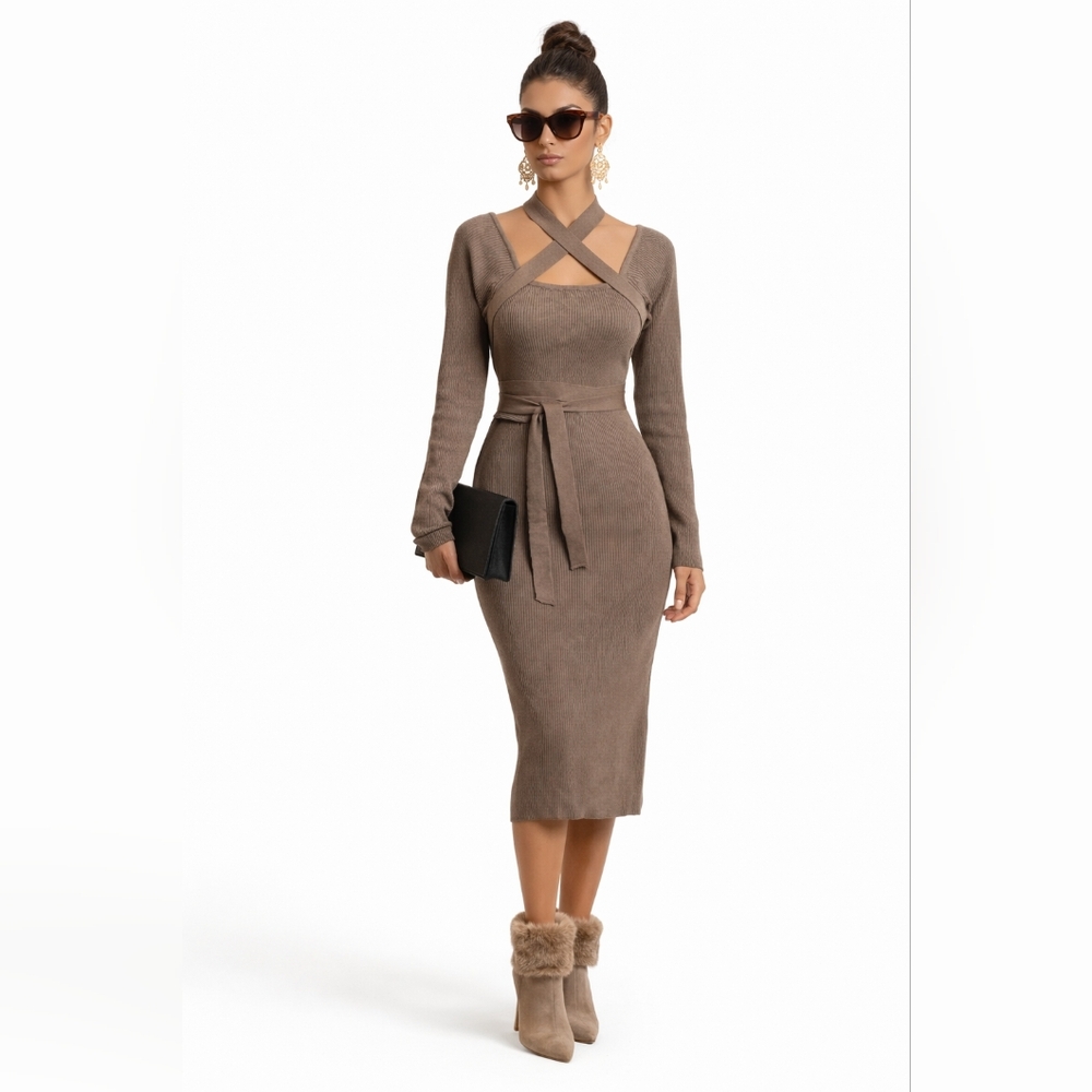 SHEIN Taupe Ribbed Cross-Strap Long Sleeve Midi Dress